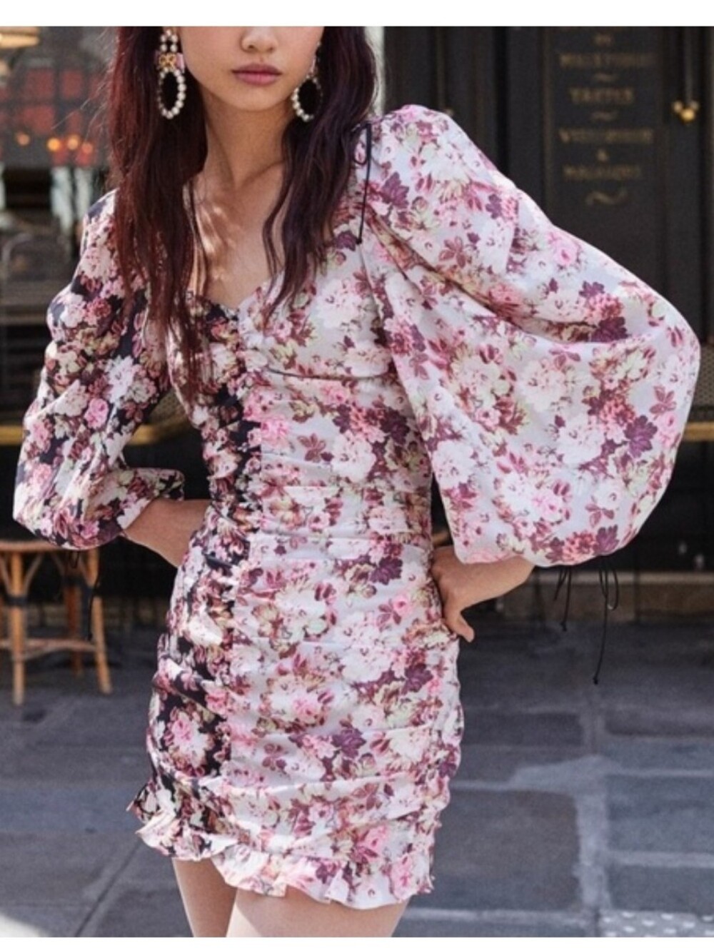 For Love & Lemon Houston Floral Ruched Puff-Sleeve Mini Dress S